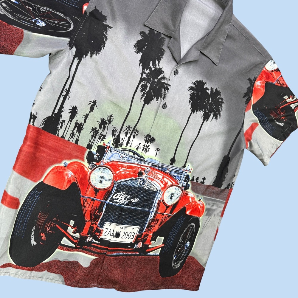 Big‎ Brother Button Down Shirt Men L Grey Alfa Romeo Car Graphic Retro Camp Top